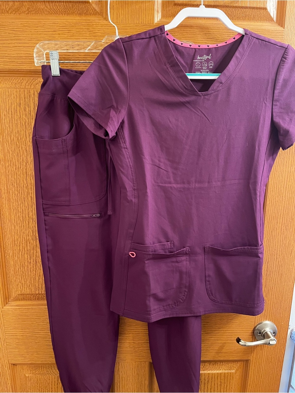 HeartSoul V-Neck Scrub Top in Plum with Pink Trim